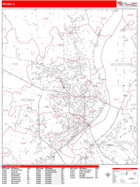 Peoria Illinois Zip Code Wall Map Red Line Style By Marketmaps Mapsales