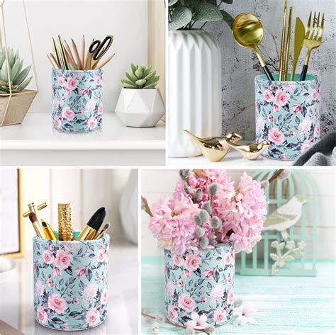 WAVEYU Pen Holder Makeup Brush Holder Leather Cute Floral Pattern