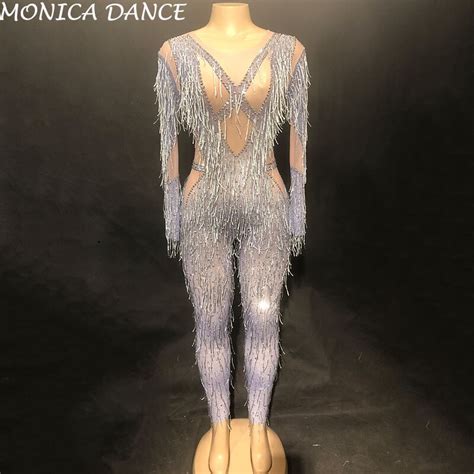 Women Sexy Stage Jumpsuit Silver Tassel Bling Sparkling Crystals