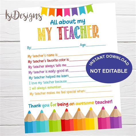 All About My Teacher Printable Letter Instant Download Teacher