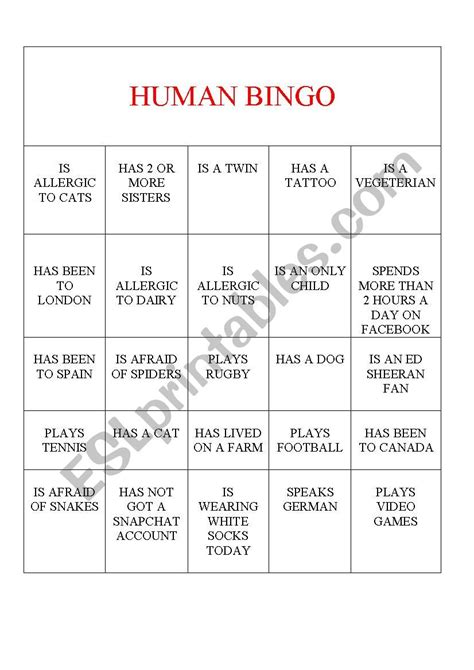 Human Bingo Esl Worksheet By Gowena