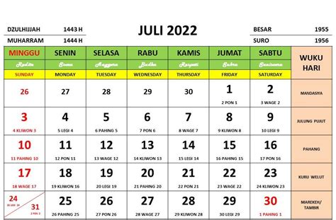 Calendar Lengkap Dengan Tanggal Merah 2022 Juli IMAGESEE