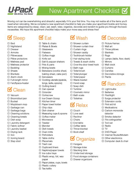 Be sure to take it with you when you head out to go shopping to set up your first apartment. Moving into a new apartment? Download this checklist of ...