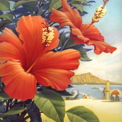 Hibiscus Beach Day Tropical Red Flower Art Print Wall Art By Kerne