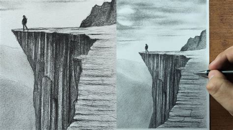 How To Draw Cliffs With Pencil Step By Step Landscape Drawing Youtube