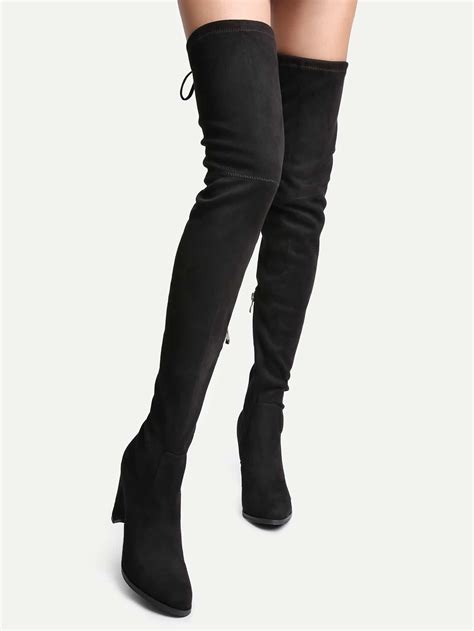 Black Faux Suede Tie Back Over The Knee Boots Shein Sheinside