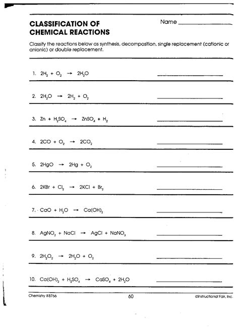 Synthesis combustion decomposition single replacement. Classifying Chemical Reactions Worksheet | Printable ...