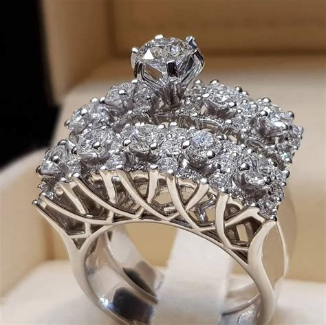 Boho Female Crystal White Round Ring Set Brand Luxury Promise 925