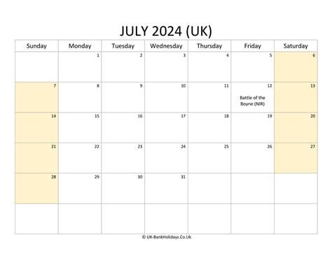 July 2024 Calendar Printable With Bank Holidays Uk