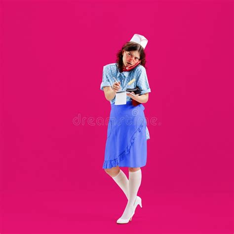 Beautiful Young Girl In Image Of Retro Cater Waiter Wearing 70s 80s Fashion Style Uniform
