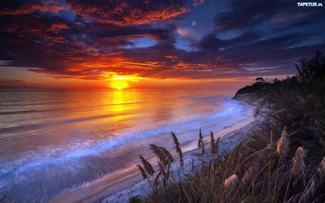 Morze Plaża Skały Trawy Zachód Słońca Chmury