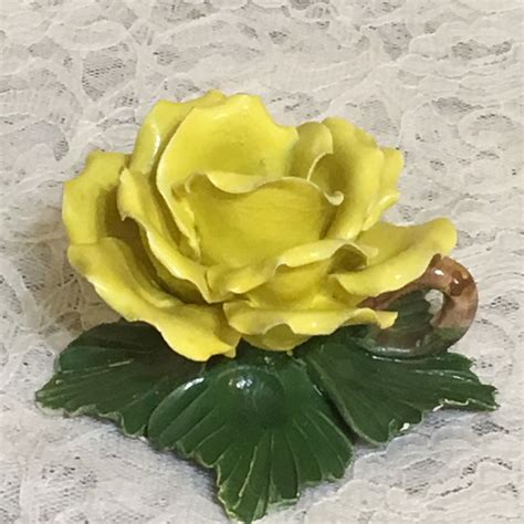 Vintage Capodimonte Porcelain Yellow Rose Flower Candle Holder Made In
