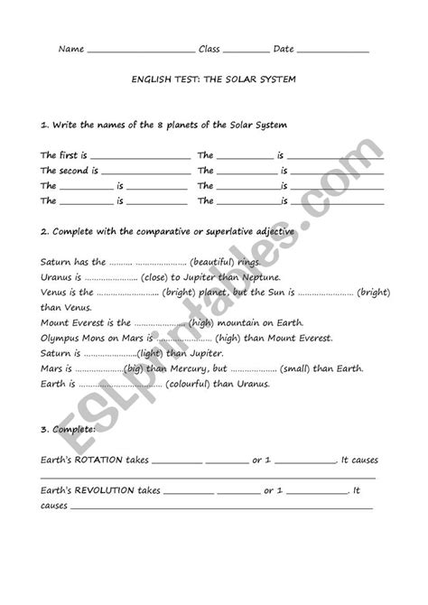 Solar System Test Esl Worksheet By Luci23