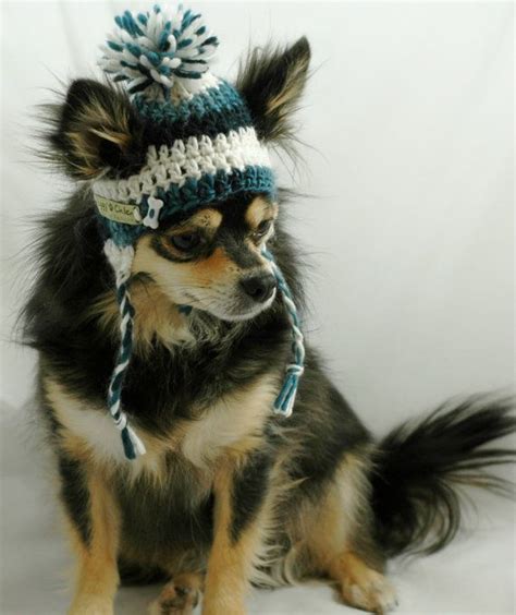 Dog Hat Crocheted Variegated Dark Teal And Winter White Medium Small