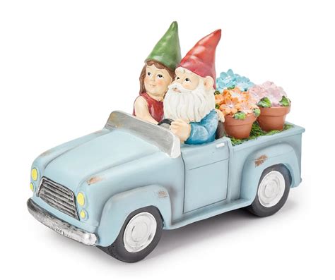 Blue Gnome Couple Driving With Flowers Garden Figure Big Lots
