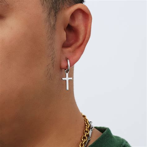 Silver Cross Earrings Mens Drop Huggie Hoop Earrings Mens Etsy Uk