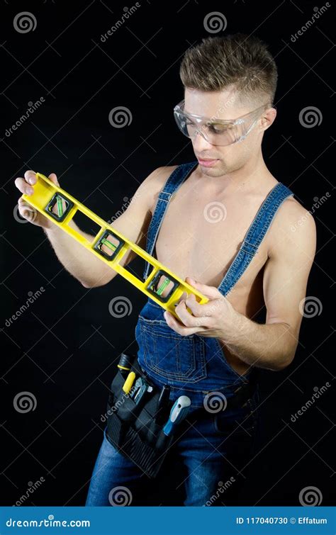 Handyman Shirtless Guy And Level Stock Photo Image Of Level