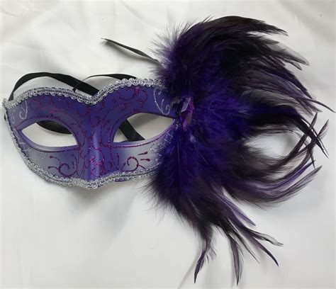 Fancy Masquerade Mask With Side Feathers Purple And Silver Masquerade