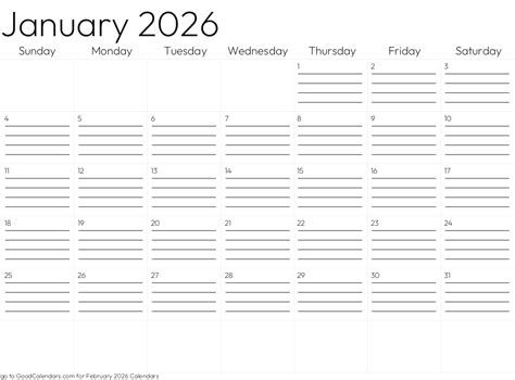 Lined January 2026 Calendar Template In Landscape