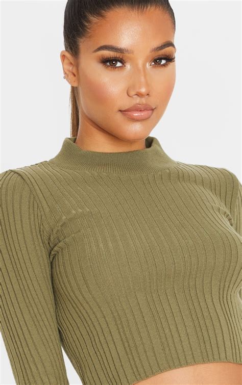 Khaki High Neck Knitted Rib Top Knitwear Prettylittlething Usa