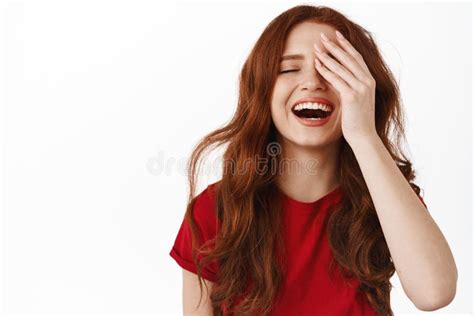 Beautiful Natural Girl With Ginger Curly Laughing Sincere And Smiling