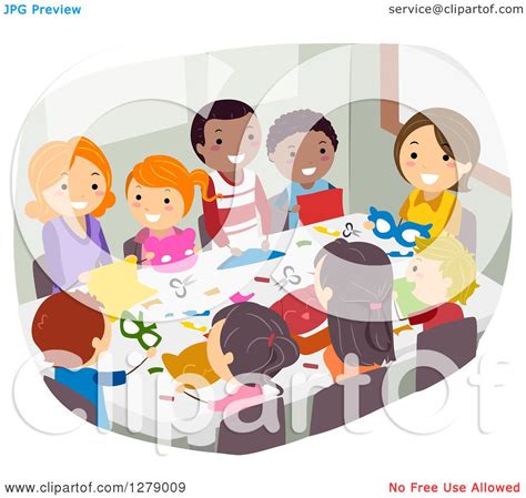 Clipart Of Happy Children And Parents Or Teachers Doing Paper Crafts