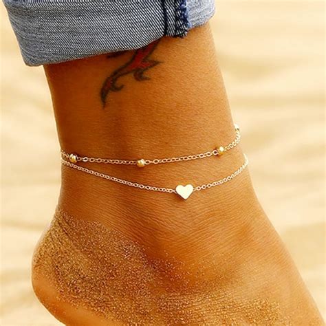 Solid Simple Heart Ankle Layering Pendant Anklet Beaded Foot Jewelry Summer Beach Anklets