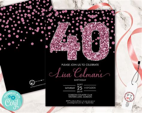 diy 40th birthday confetti invitation printable template black pink glitter editable birthday