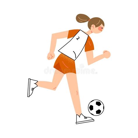 Female Soccer Player In The Red Shorts Hits The Ball Right View Vector