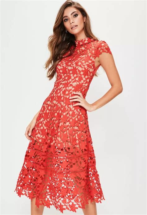 Missguided Red Short Sleeve Lace Midi Skater Dress Best Red Dresses