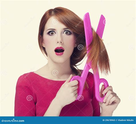 Redhead Girl With Big Scissors Stock Image Image Of Funny Redhaired