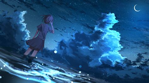 1024x576 Resolution Anime Girl In Half Moon Night 4k 1024x576