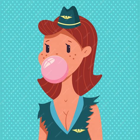 Cute Pin Up Girl En Costume Dhôtesse De Lair Avec Bubble Gum