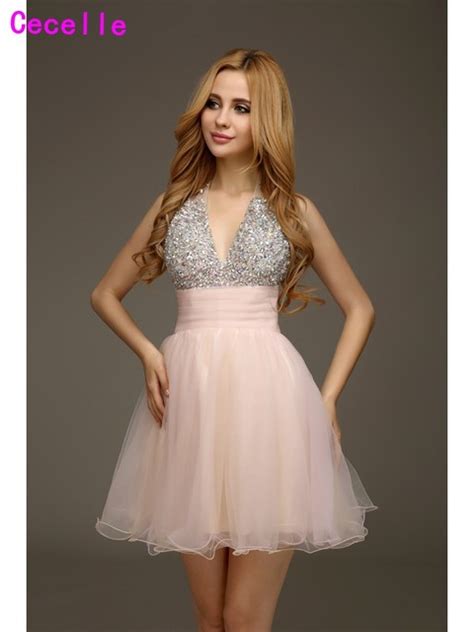 Real Sexy Blushing Pink A Line Beaded Tulle Cocktail Dresses For