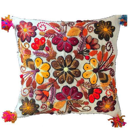 Hand Embroidered Cushion Cover Beige Color Peruvian Wool Floral