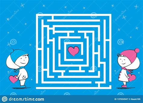 Love Couple And Maze Game With Heartsfunny Characters In Winter Stock