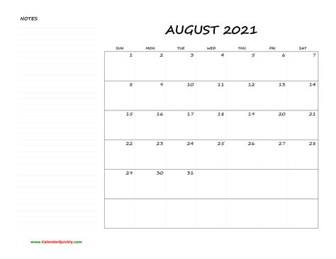 August Blank Calendar 2021 With Notes Calendar Quickly