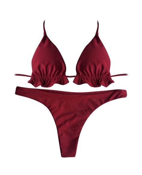Halter Neck Backless Tied Strap Ruffle Solid Color Low Waist Women Bikini Set Red Wine