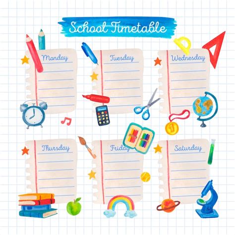 Watercolor Back To School Timetable Template Free Vector