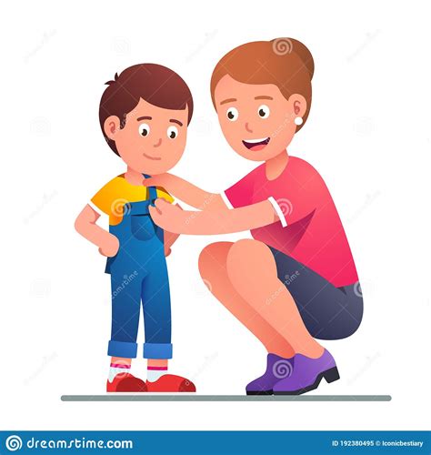 Mother Helping Boy Son To Dress Up Stock Vector Illustration Of