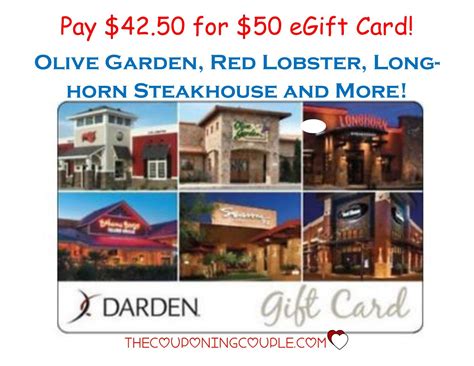 Red lobster, longhorn steakhouse, bahama breeze and seasons 52 are all. $50 Darden eGift Card for $42.50! Olive Garden, Red ...