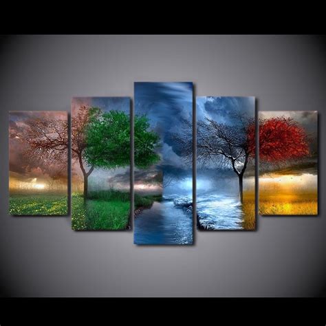5 Piece Hd Printed Four Season Tree Framed Wall Picture Art Poster Painting On Canvas For Living