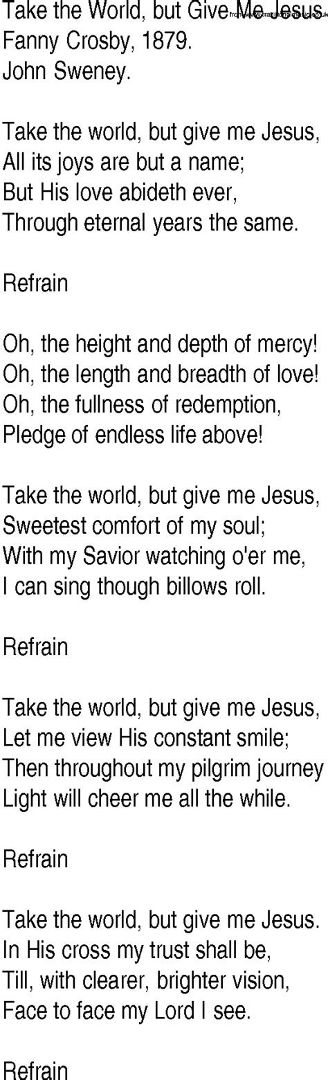 Hymn And Gospel Song Lyrics For Take The World But Give Me Jesus By