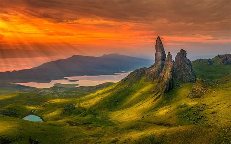Scotlands Landscape Mountain Sharp Rocky Peaks Area With Grass Green