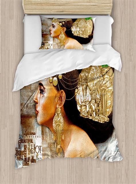 Egyptian Duvet Cover Set Twin Size Woman Queen Cleopatra Profile Historical Art Scene With