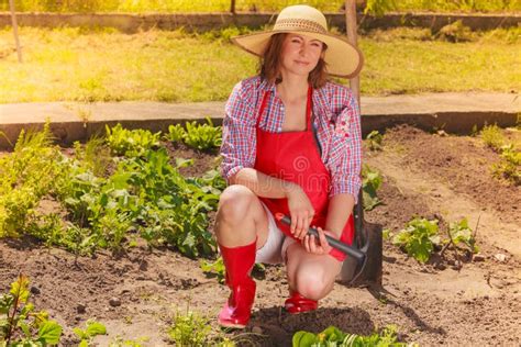 Woman With Gardening Tool Working In Garden Stock Photo Image Of