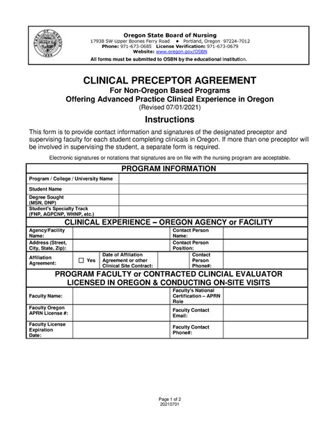 Oregon clinical preceptor agreement - Page 1 of 2 20210701 Oregon State