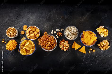 Salty Snacks Party Mix An Assortment Of Crispy Appetizers Shot From