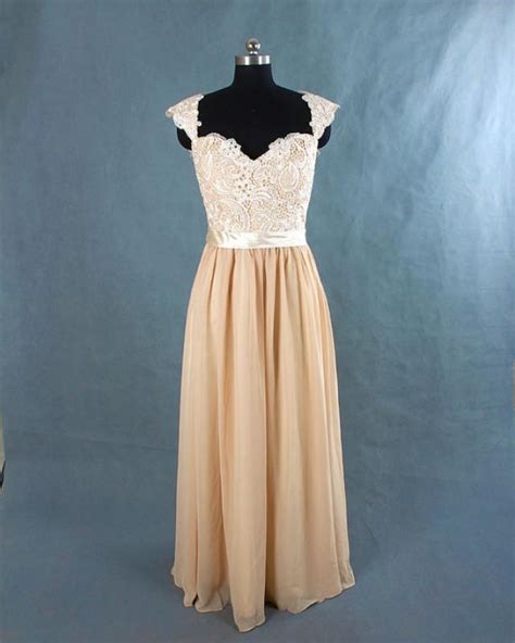 Champagne Long Lace Bridesmaid Dress Chiffon Dress With Cap Sleeves And