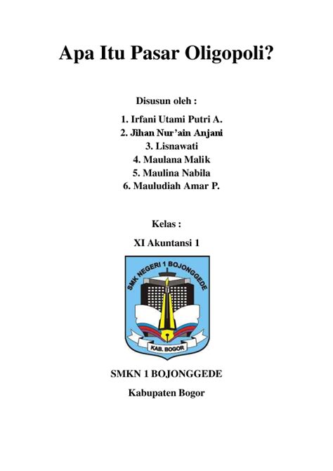 Pasar oligopoli adalah salah satu bentuk pasar persaingan tidak sempurna, dimana hanya terdapat beberapa produsen atau penjual dengan banyak pembeli di pasar. (PDF) contoh makalah tentang pasar oligopoli | mauludiah ...
